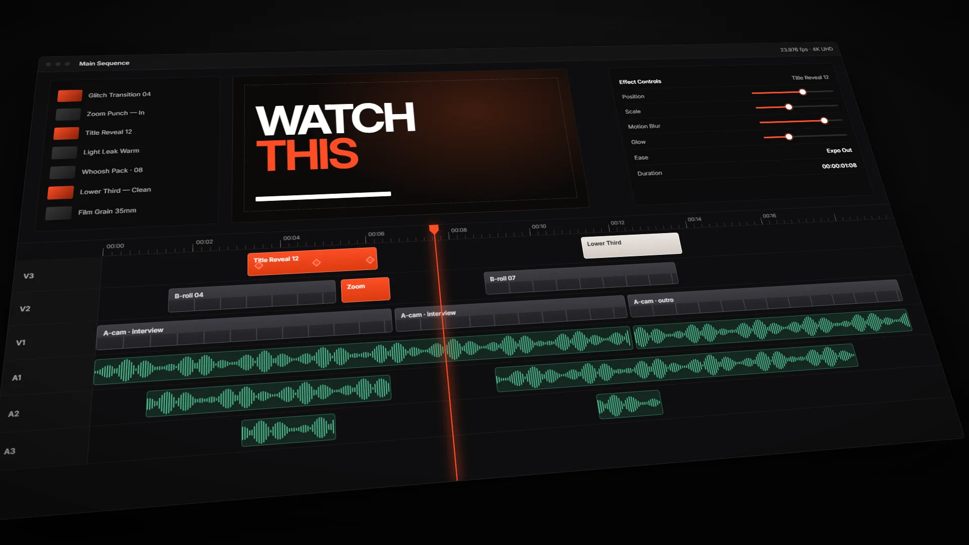 A video editing timeline with keyframes and an orange playhead