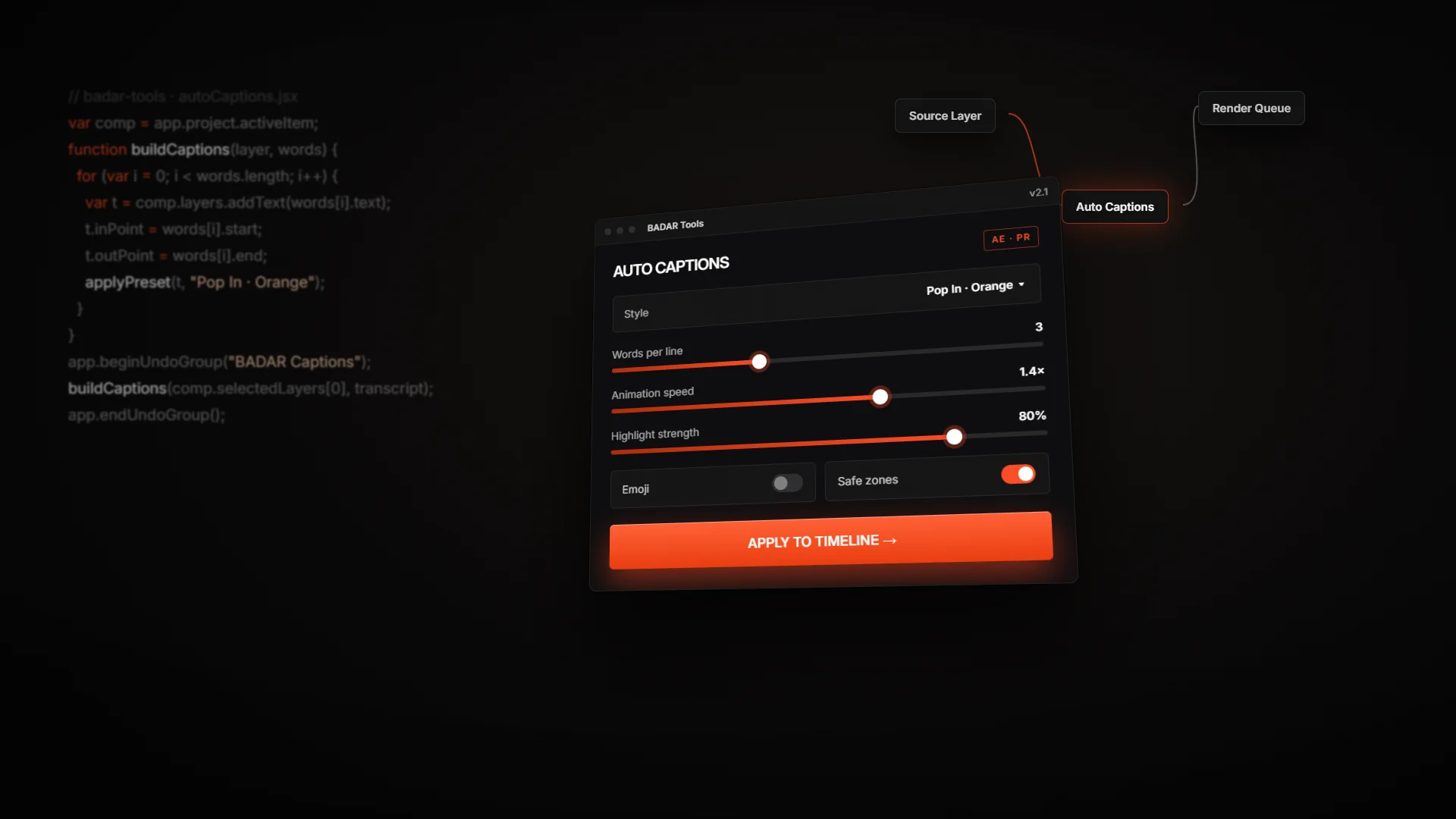 A floating plugin control panel with sliders and an apply button