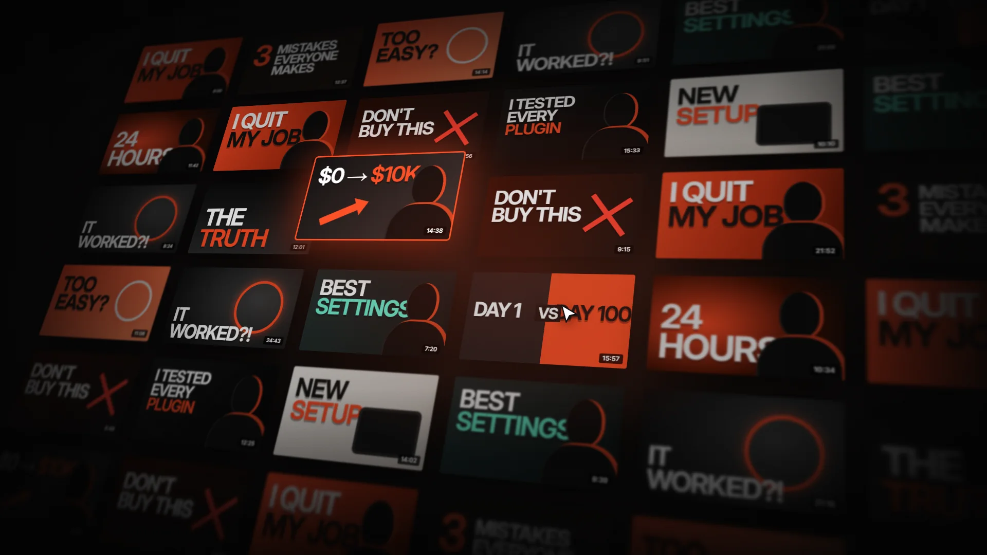 A wall of bold YouTube thumbnail designs glowing in orange light